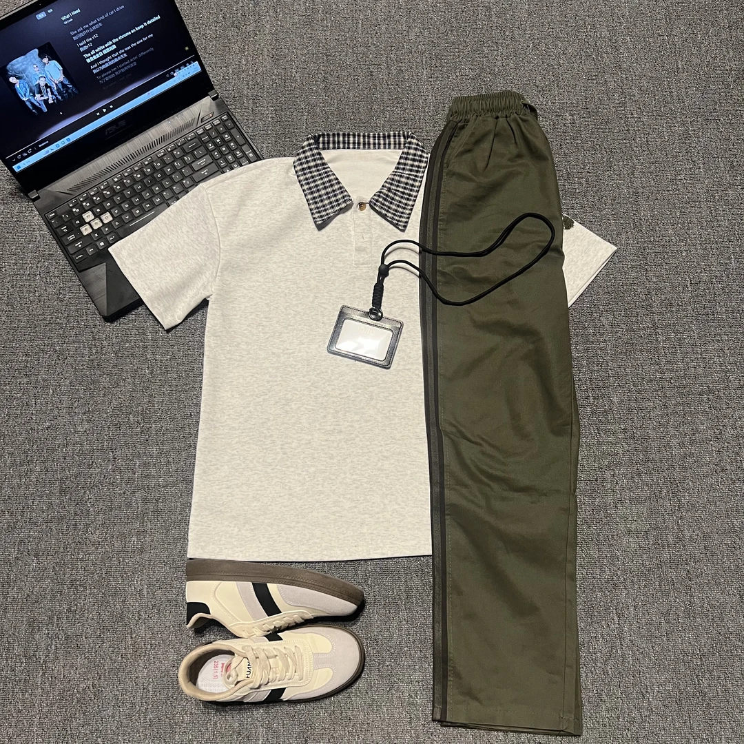 打底衫上衣长袖现现发灰色假两件格子拼接衫男款美式简约