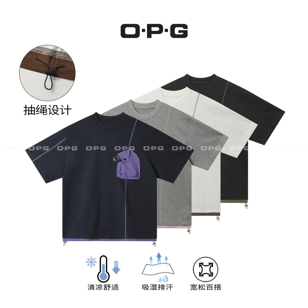 O·P·G 【小众设计抽绳拼接撞色短袖】夏季情侣百搭宽松上衣T恤68063