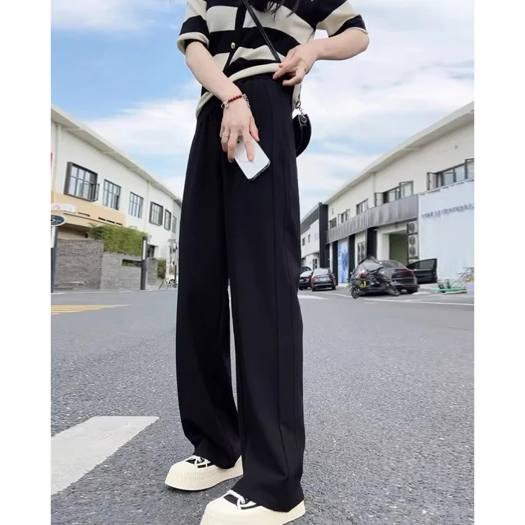 黑色休闲阔腿裤女垂感大码春夏薄款胖妹妹高腰宽松显瘦直筒长裤子