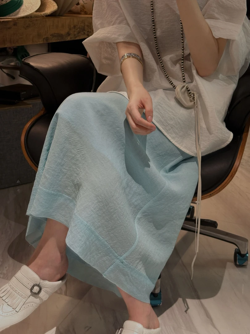 【蓝色半裙】后松紧腰湖水蓝高腰A字半裙  J25BQ180