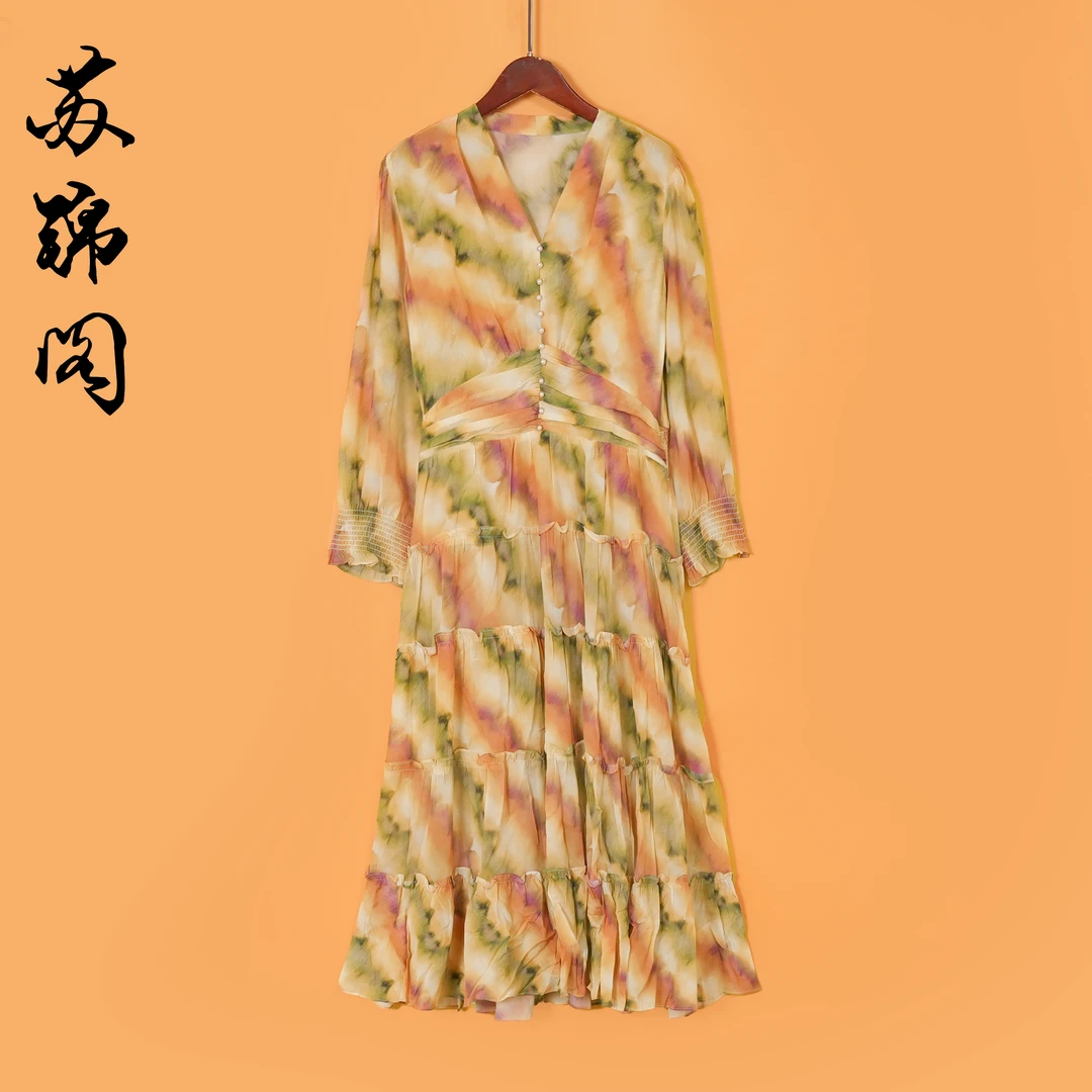 2207-00100苏锦阁印花百分百桑蚕丝香云纱连衣裙新款气质上档次