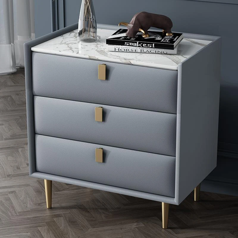 智能床头柜三斗柜现代简约轻奢皮多功能可充电带锁卧室实木床边柜