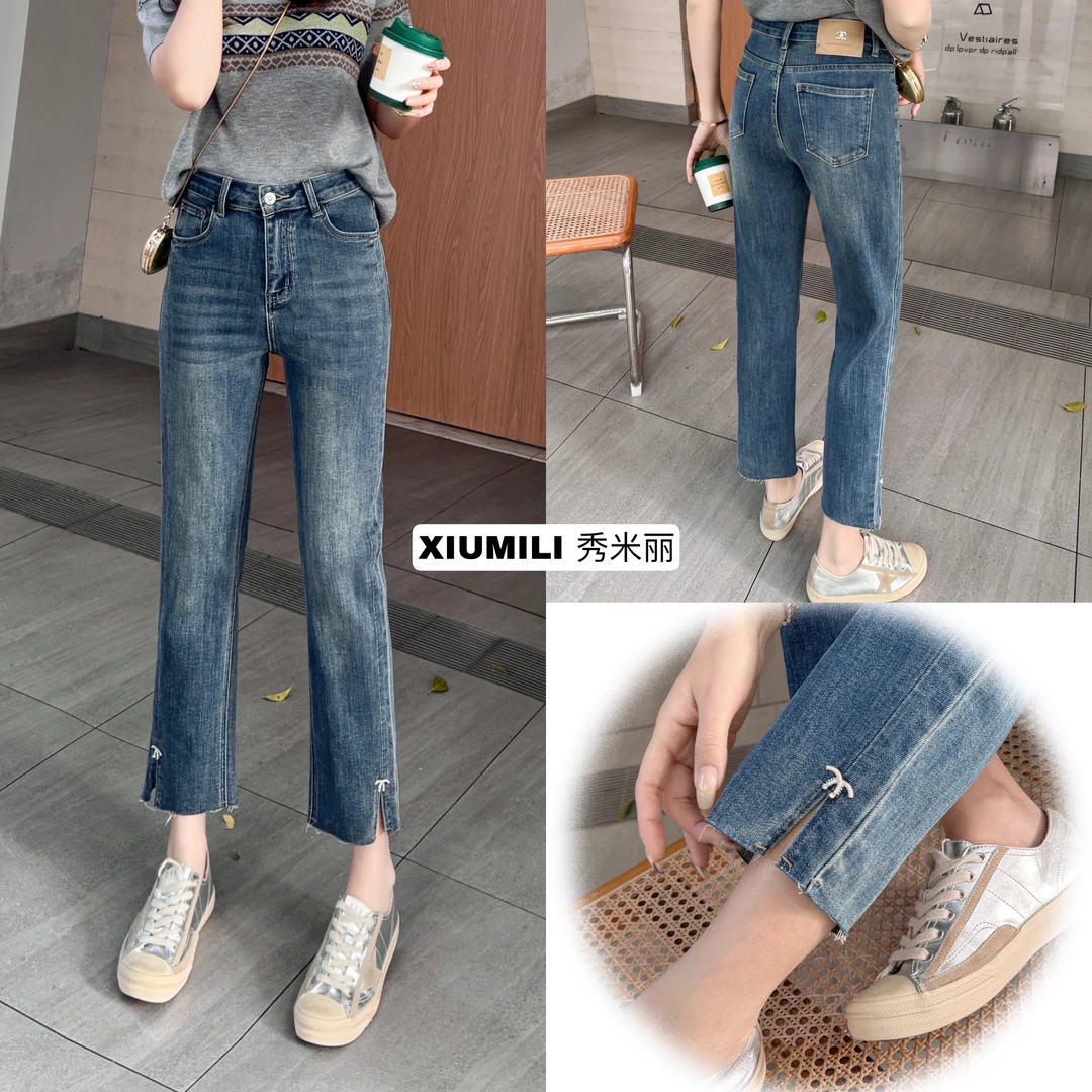 秀米丽 新款高腰弹力开叉窄版小直筒牛仔裤女修身显瘦烟管裤1208