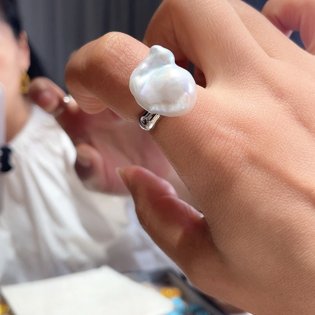 淡水珍珠银S925镶嵌戒指大气款