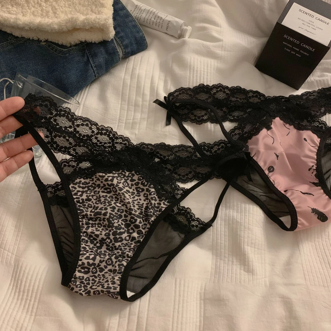 【勾心猎手】暗黑动物性感豹纹蕾丝网纱女士交叉镂空三角内裤纯欲