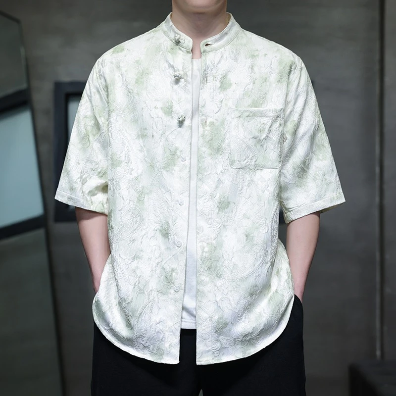 新中式穿搭 中国风扎染提花唐装衬衫男短袖 茶禅意 夏季 盘扣上衣