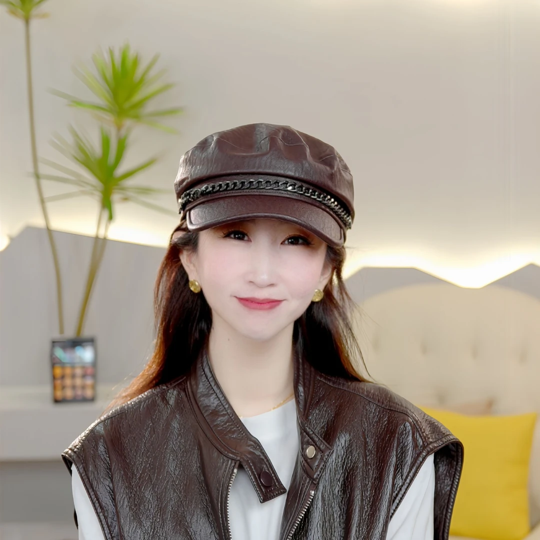 时尚海军帽贝雷帽女秋八角帽前进百搭网红报童帽文艺画家帽子皮质