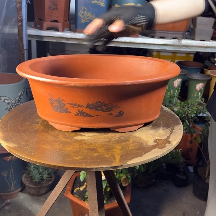 宜兴紫砂花盆38红椭圆