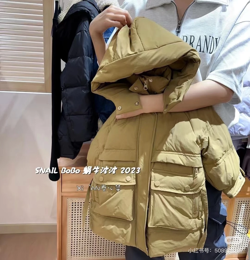 【蜗】黑/卡其绿/暗红 中长款羽绒服 3738