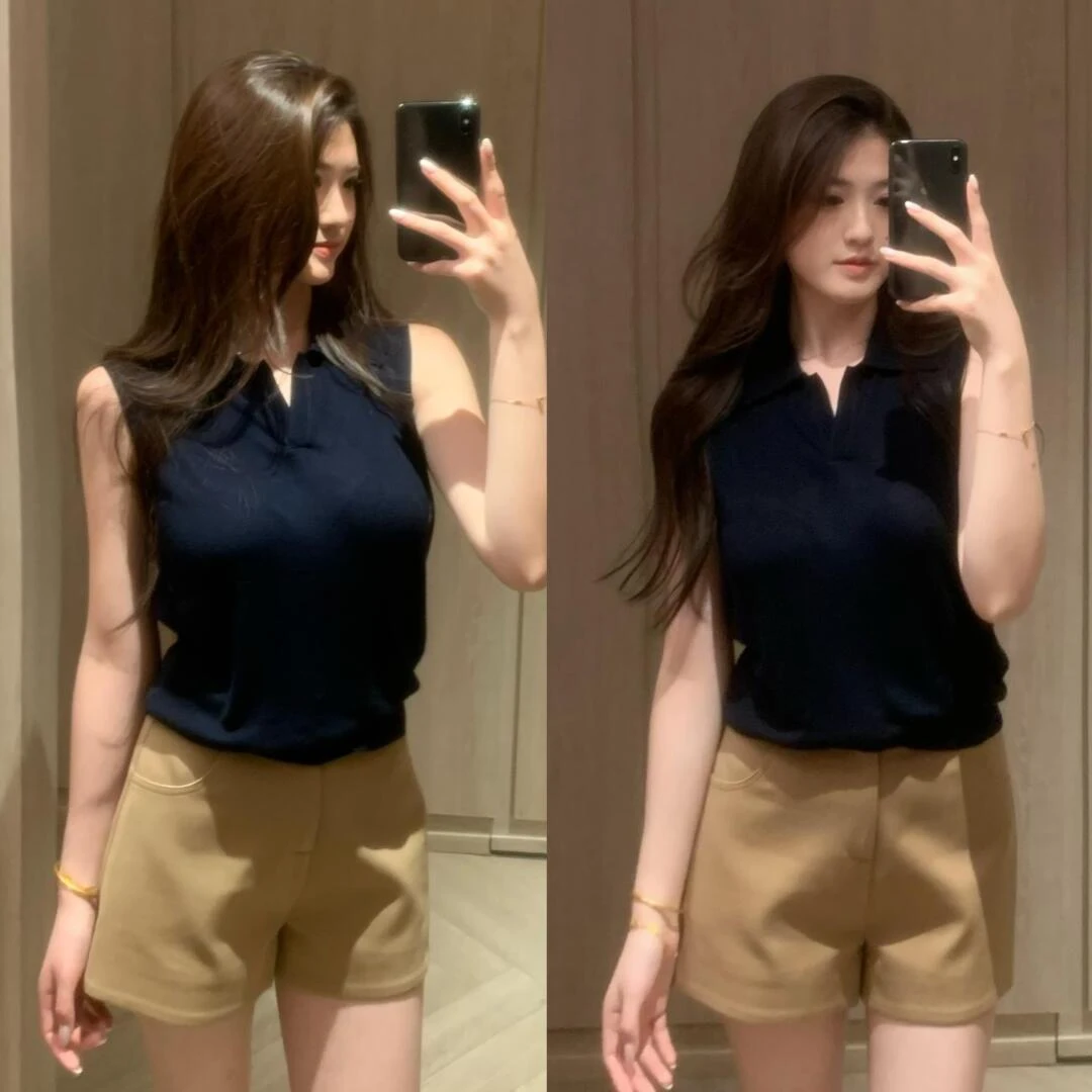 韩系简约风休闲翻领V领无袖针织衫女夏季新款修身显瘦背心上衣潮