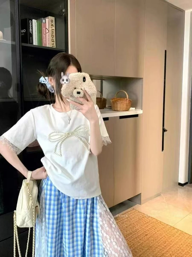 夏季穿搭大码3011时尚韩版简约钉蝴蝶结珍珠短袖拼接蕾丝显瘦短袖