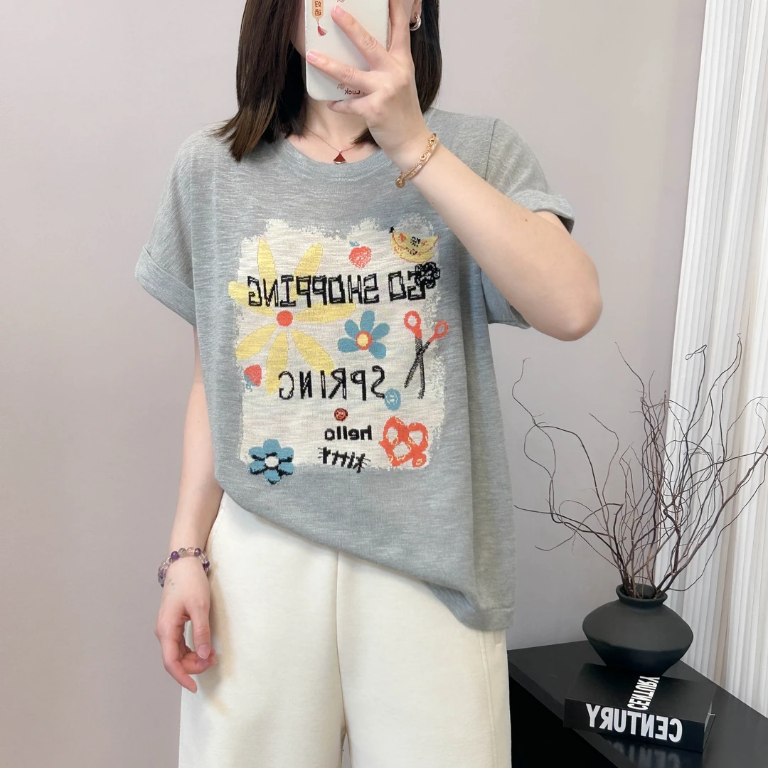 太阳花剪刀提花轻薄圆领飞飞袖上衣夏季新款宽松韩版透气短袖T恤