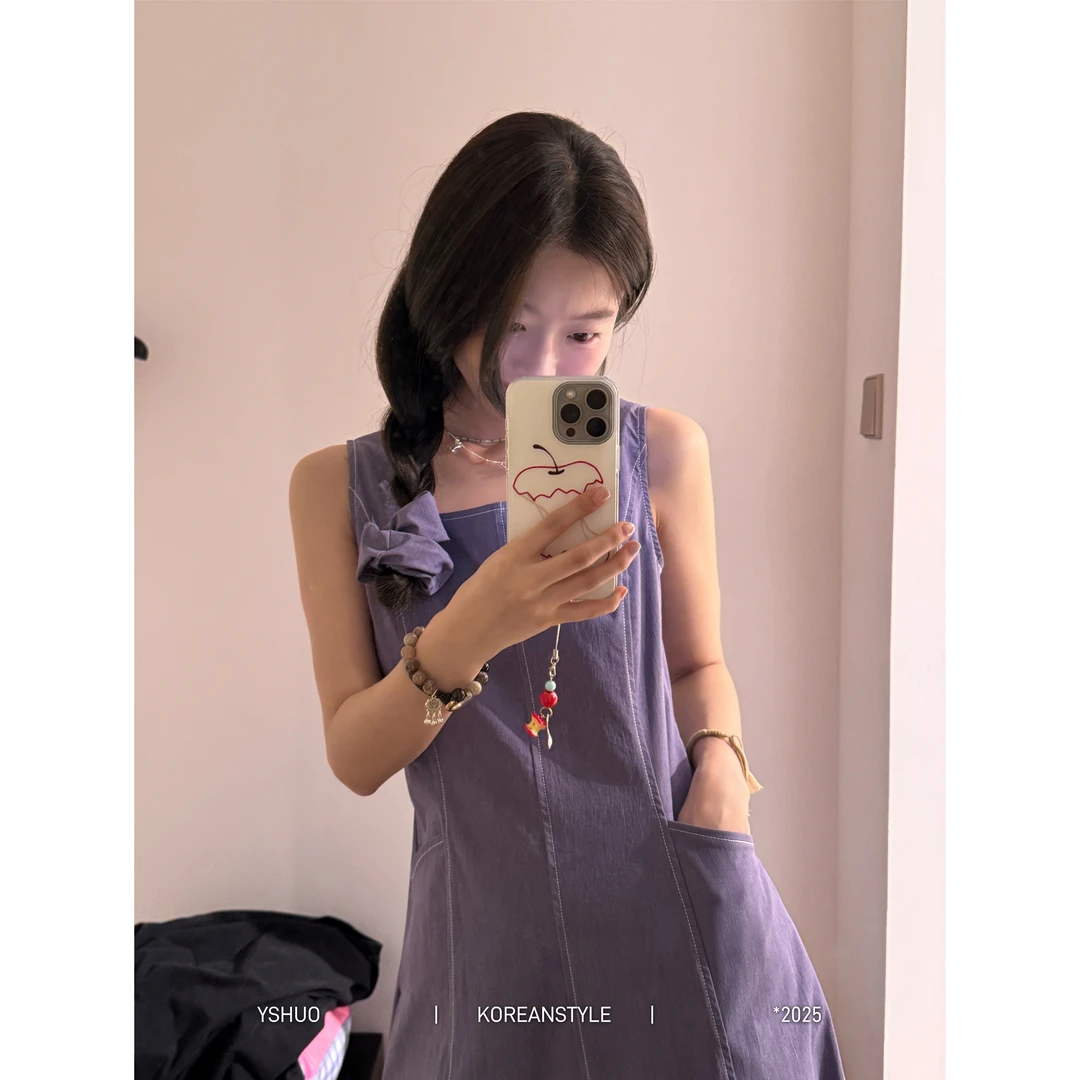 【长情】法式气质明线设计收腰显瘦方领无袖背心连衣裙 8869