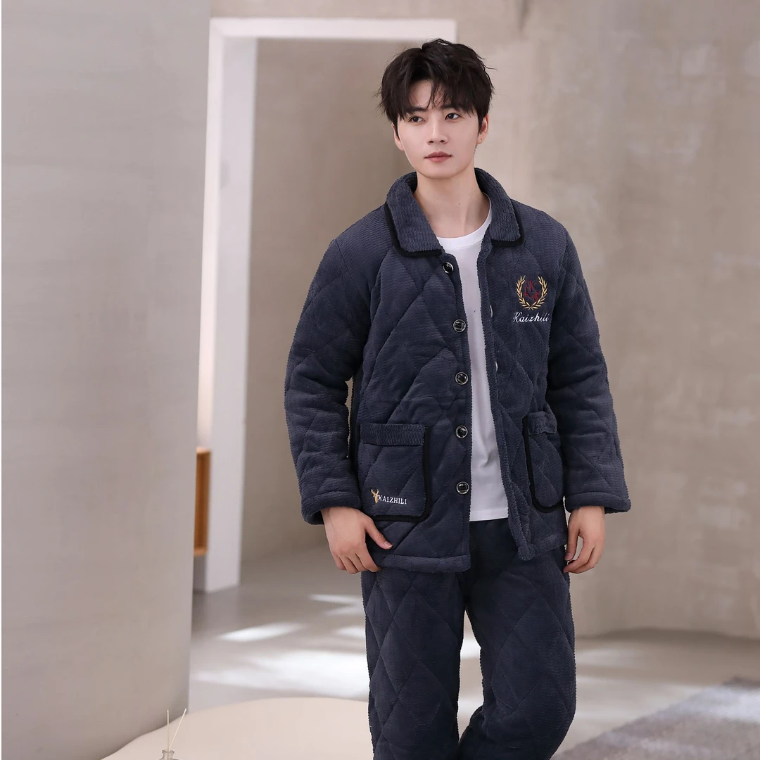 睡衣男士冬加绒加厚三层夹棉珊瑚绒2024年新款大码冬天家居服套装