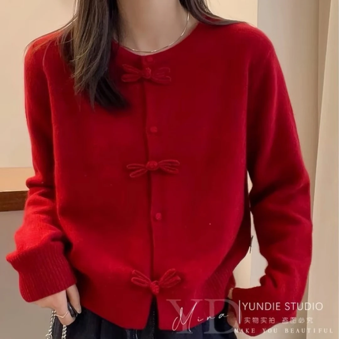 （衣长57）279新中式开衫外套上衣红色毛衣针织衫女装
