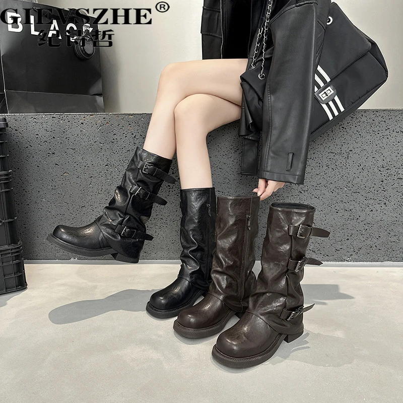 纪诗哲靴子女款厚底骑士中筒长靴时尚女靴秋冬厚底裤管靴女时装靴