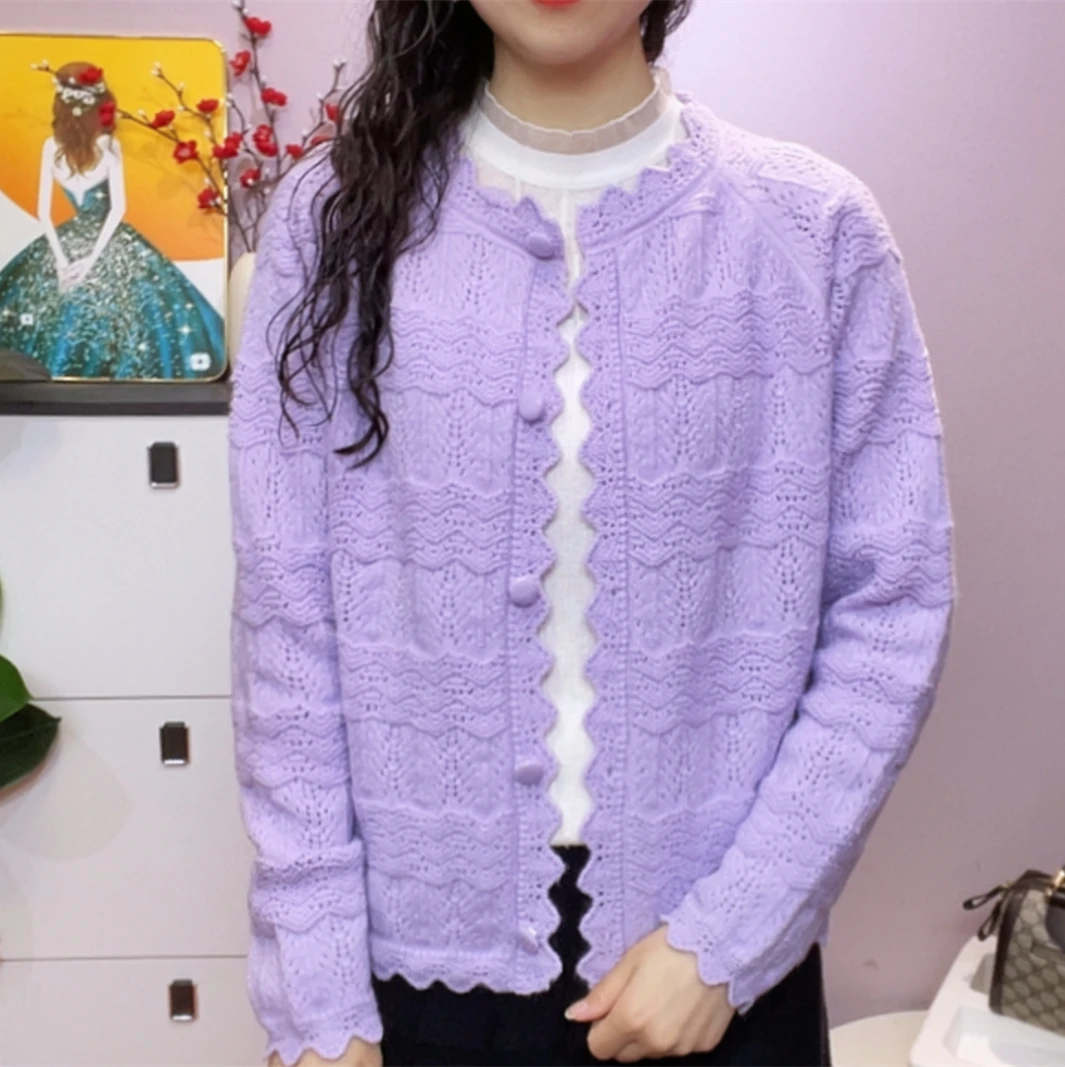 春装女士新款时尚百搭纯色圆领荷叶边针织镂空长袖气质开衫女