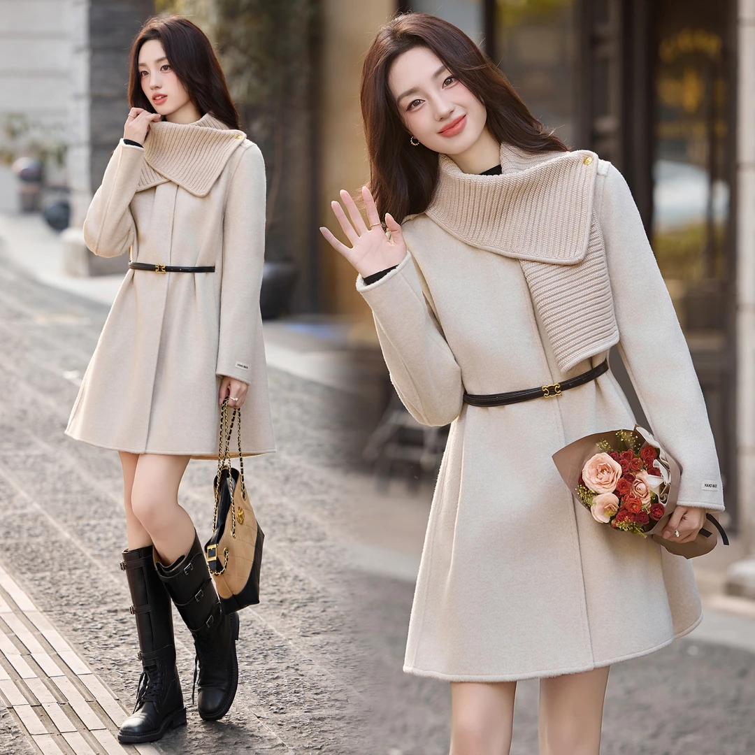 双面呢大衣小个子手工缝制新斗篷可拆卸围巾双面呢大衣送腰带围巾