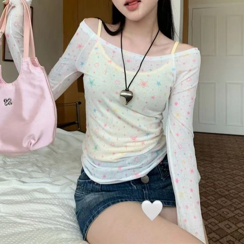 美式辣妹星星印花空调防晒罩衫长袖t恤女夏季薄款一字肩显瘦上衣