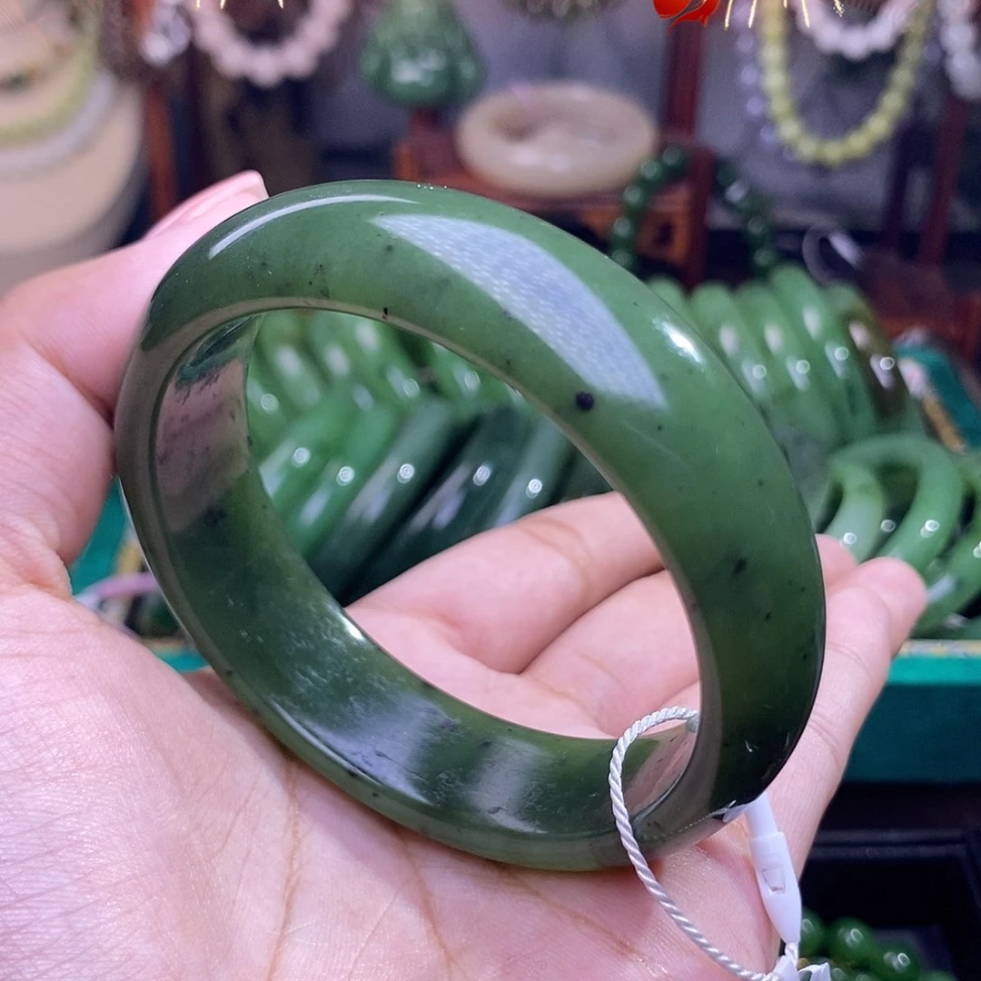 和田玉福利价碧玉58.6宽版菠菜绿手镯未镶嵌