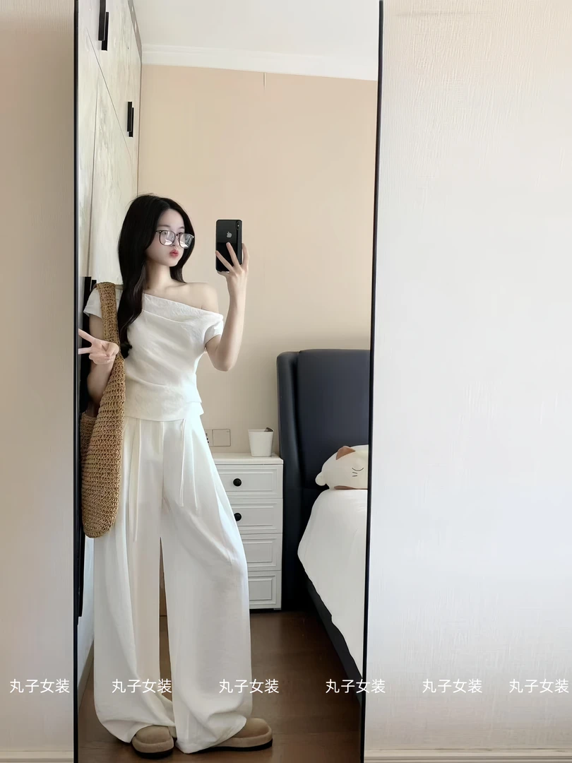 女装夏装套装2025新款爆款露肩修身短袖上衣气质高腰显瘦阔腿长裤