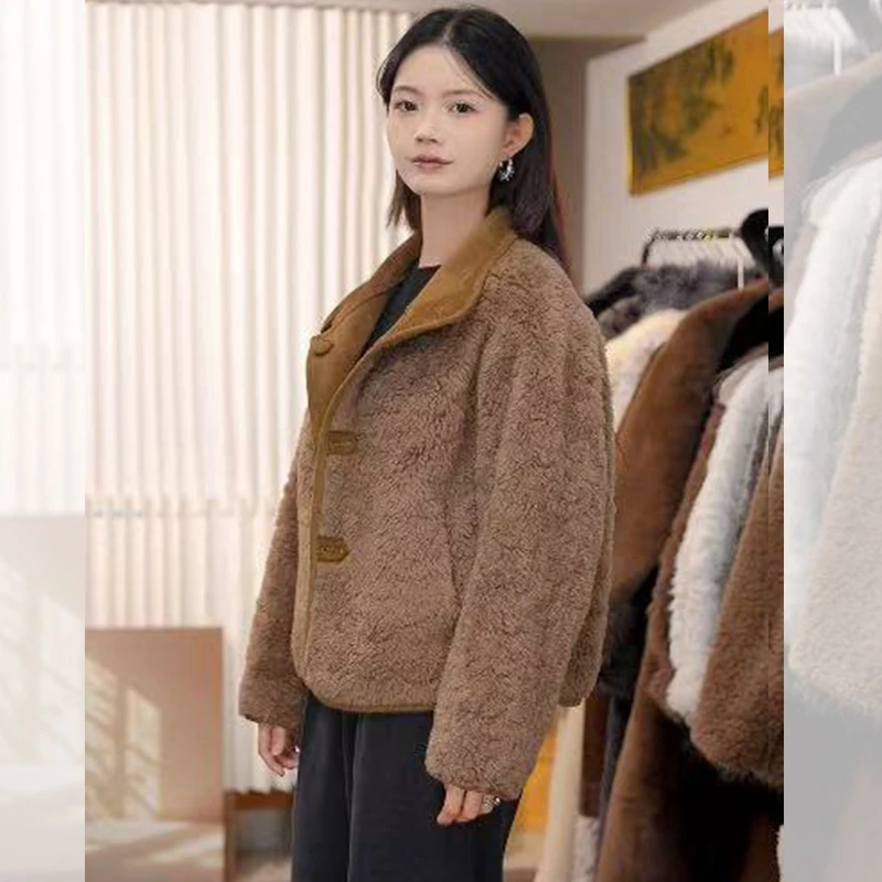 双面穿一百羊毛皮草短外套长袖日系宽松短大衣短款韩版冬季女保暖