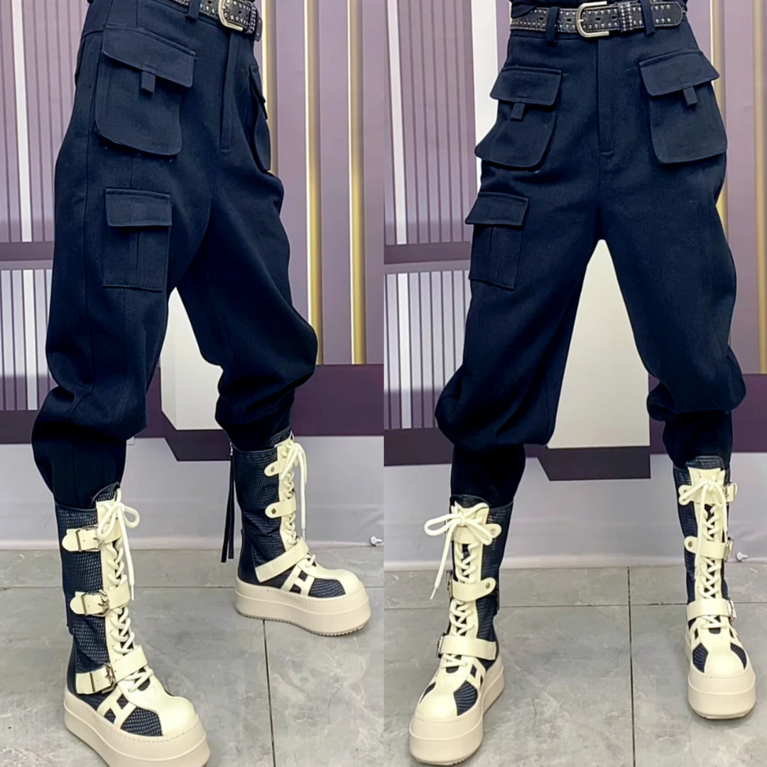 阿珍服饰店 新款时尚百搭黑色工装牛仔垮裤00076