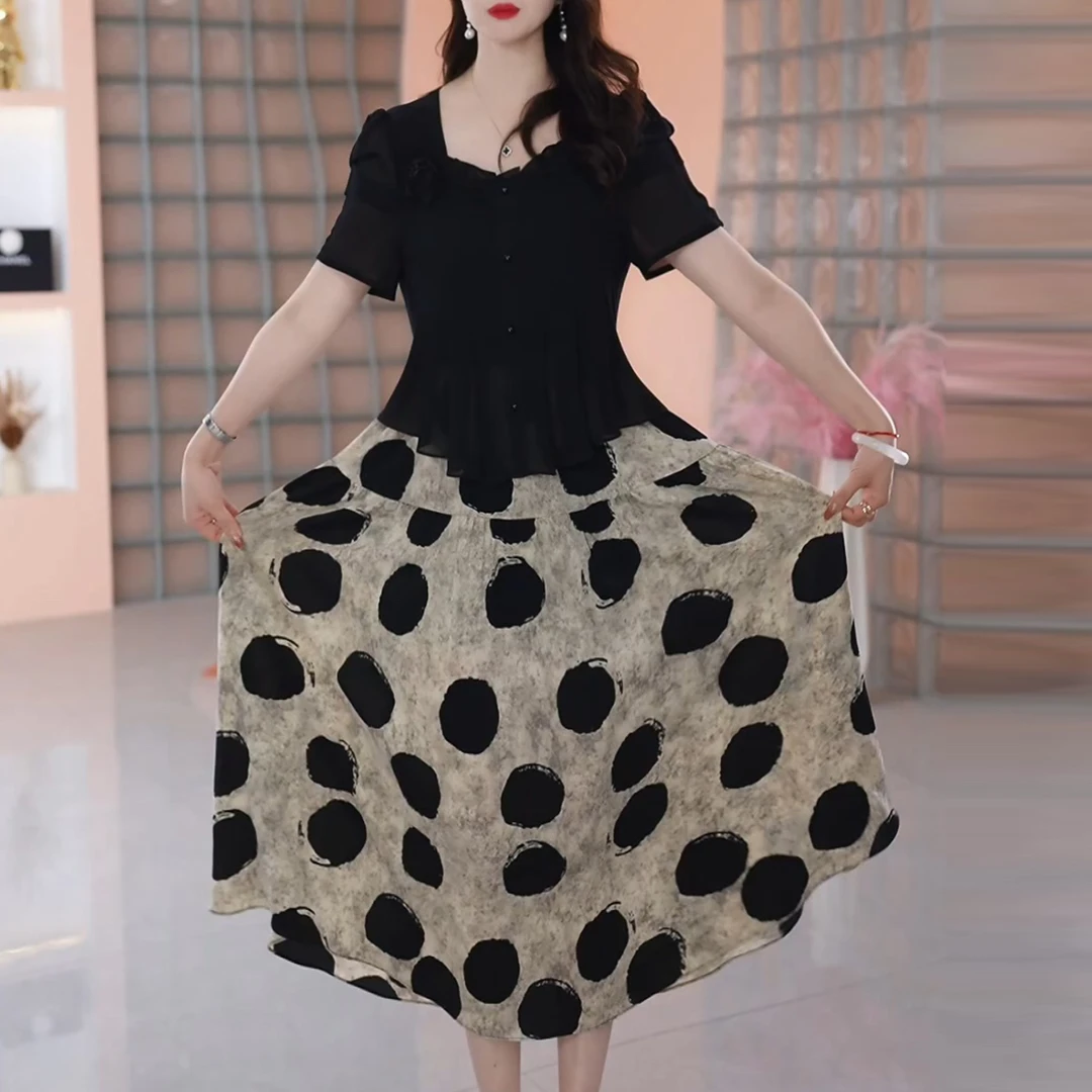 B120夏季新款时尚减龄洋气印花假两件显瘦收腰连衣裙