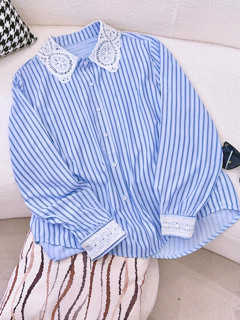 丨夏季新款蓝色竖条纹钩花高级感衬衫百搭显瘦 MDY3866