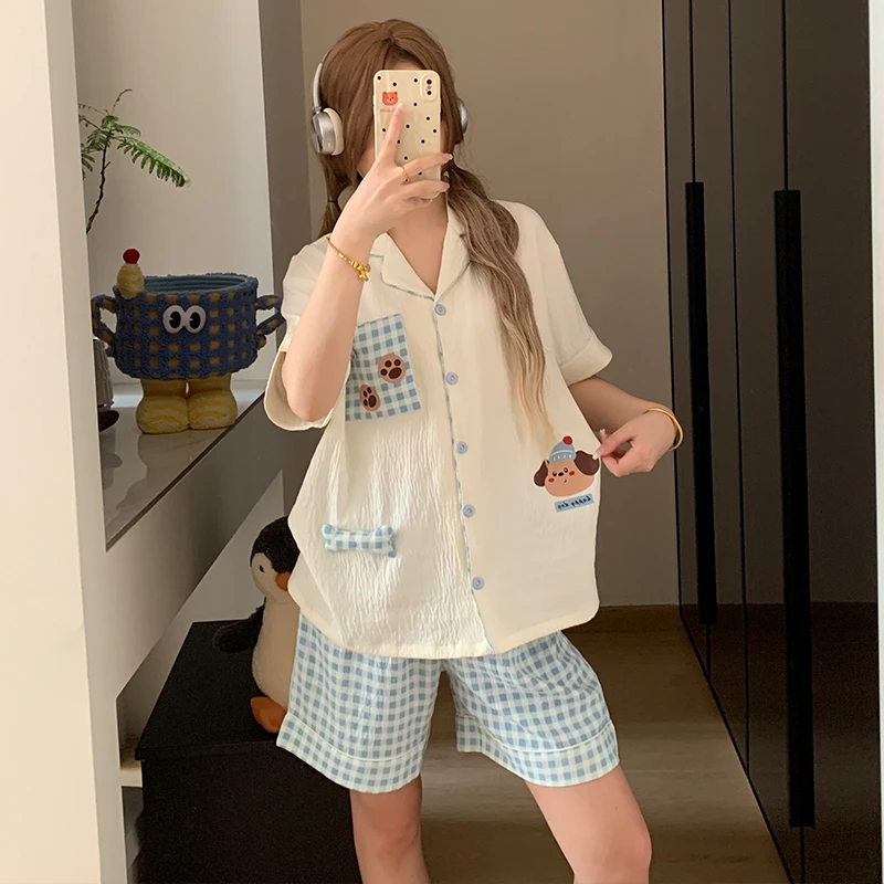 夏季新款睡衣女云朵棉翻领开衫短袖短裤卡通可爱舒适女家大码套装