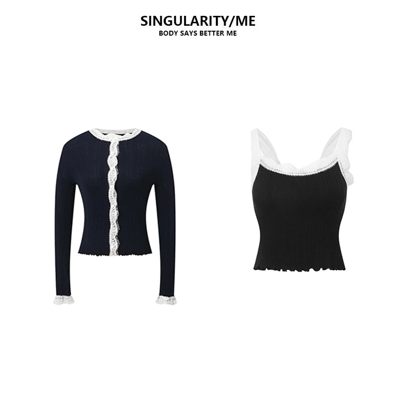Singularity Me 2A 89399 89400 甜美蕾丝边针织开衫吊带背心套装