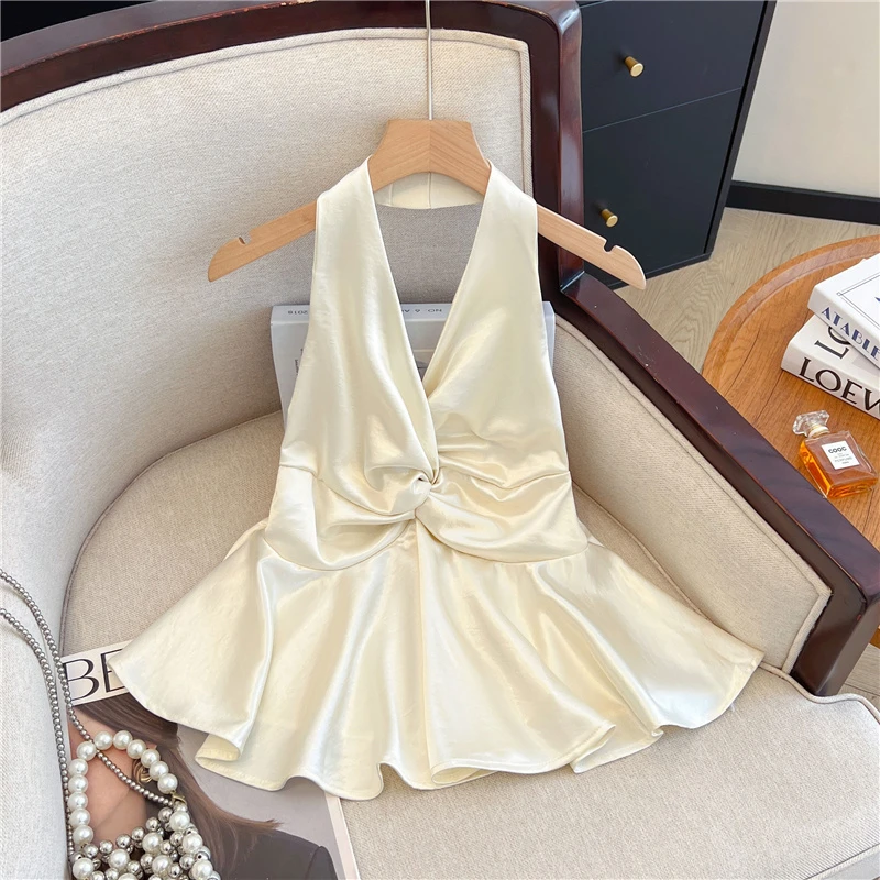 实拍~法式纯色小众设计感扭结挂脖吊带背心性感露背气质漂亮上衣