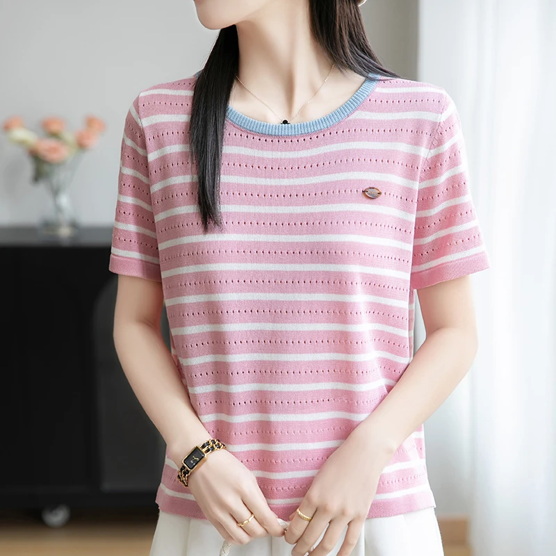 夏季镂空薄款拼色针织衫女套头短款圆领上衣后背开扣短袖条纹t恤