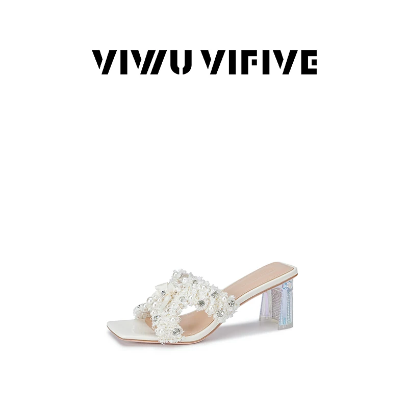 V5「森蝶」2025新款爆款粗花呢珍珠粗跟露趾明星同款百搭外穿一字拖