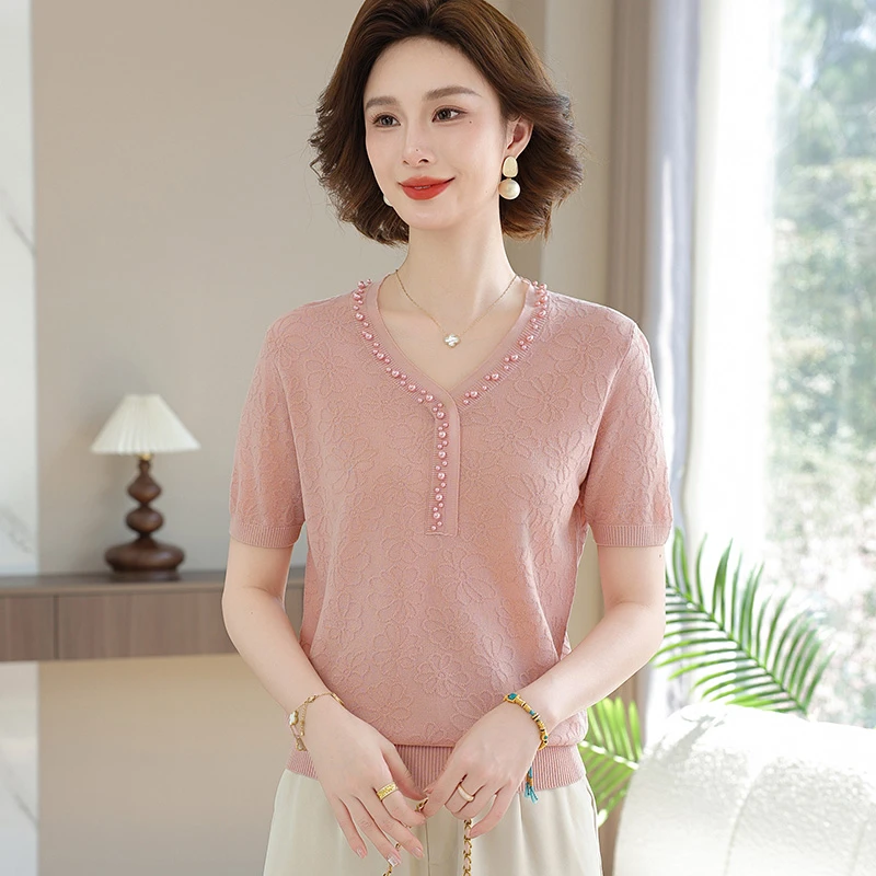 妈妈装夏款冰丝针织上衣2025新款中老年女夏装短袖T恤阔太太小衫