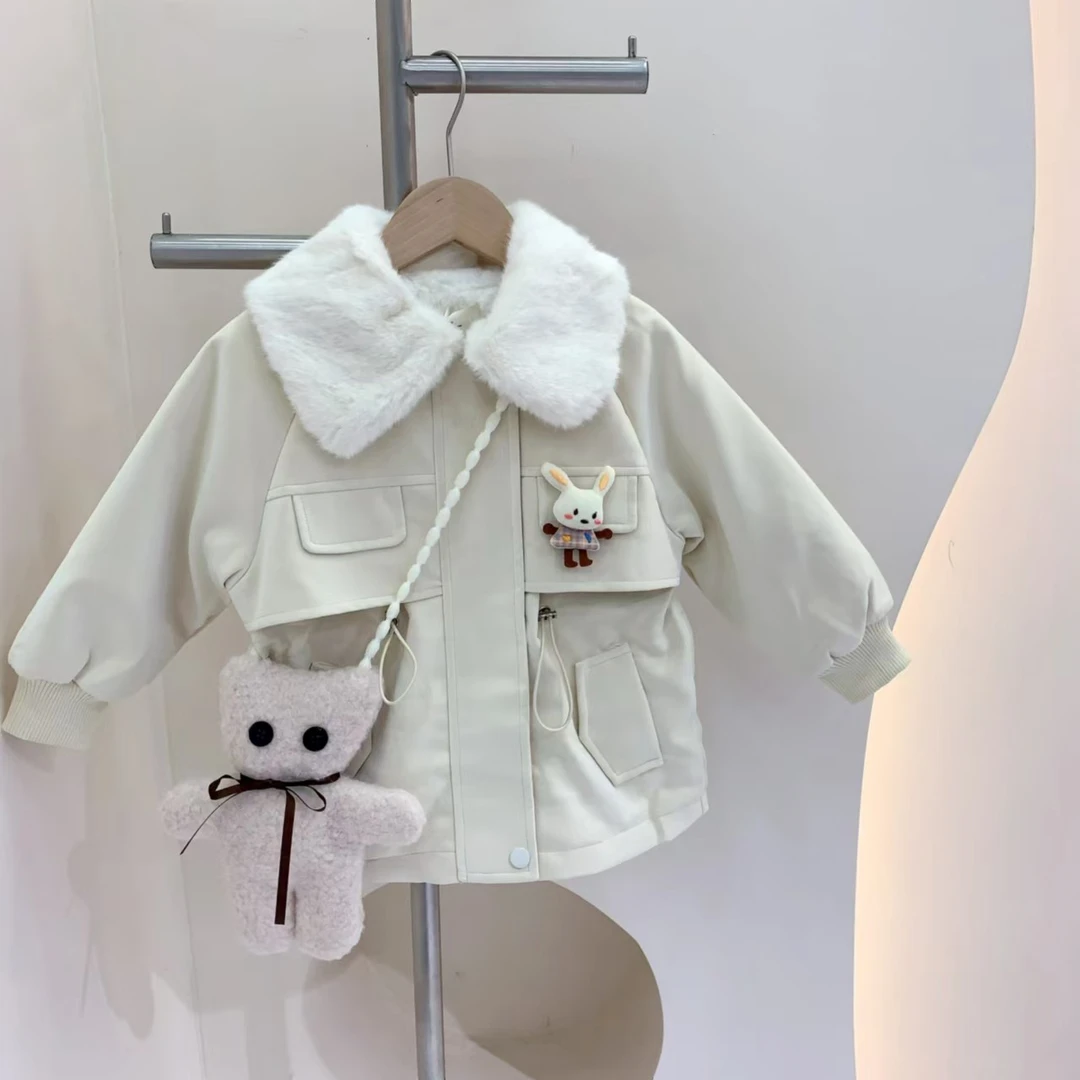 241688 女童冬季加绒加厚韩版卡通小兔子宝宝毛领长袖棉服