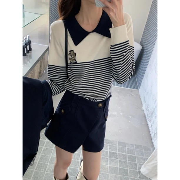 【赵小小&温图女孩】6522 韩系条纹针织衫慵懒风宽松显瘦长袖上衣女