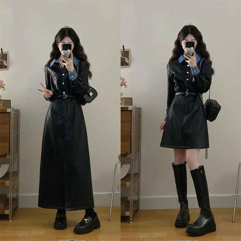 MO88ZSPF大码女装高级感气质黑色PU皮裙连衣裙冬季胖mm韩系长裙子