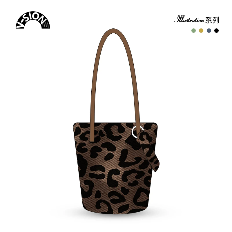 唯鑫V-SION经典豹纹新款插画联名休闲时尚通勤斜挎加长水桶帆布包