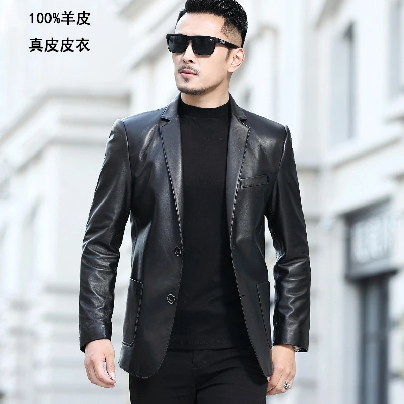 新款海宁绵羊皮真皮皮衣男士短款皮西装夹克修身商务休闲西服外套