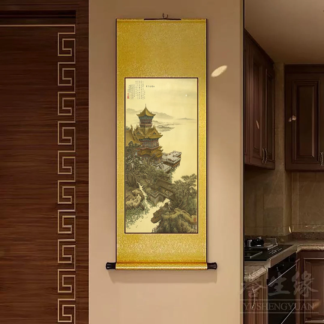 D52精装160*60《江楼夜月图》中式数字微喷立式挂画卷轴画