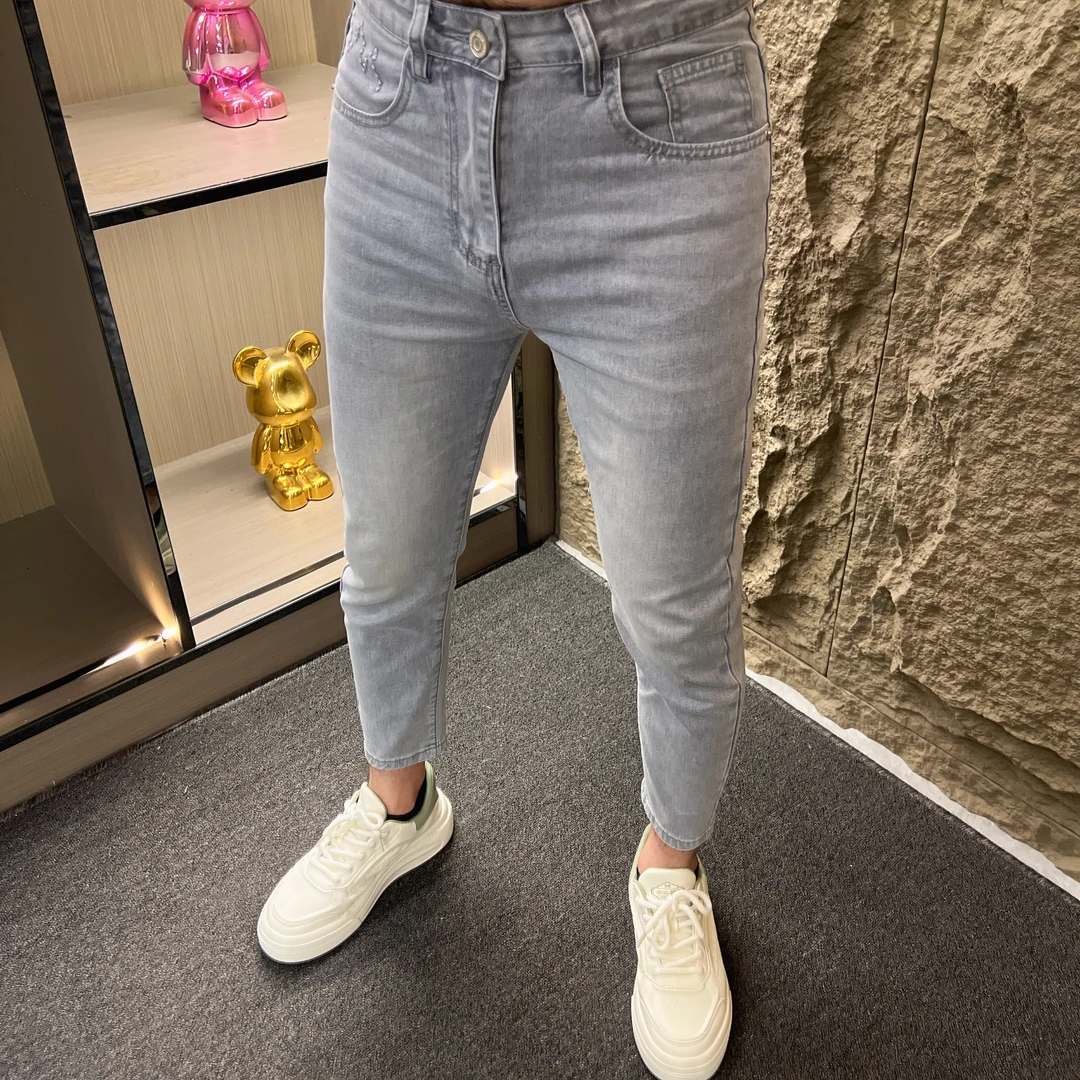 九分男士牛仔裤韩版潮流百搭时尚浅灰色牛仔裤修身小脚裤-819#