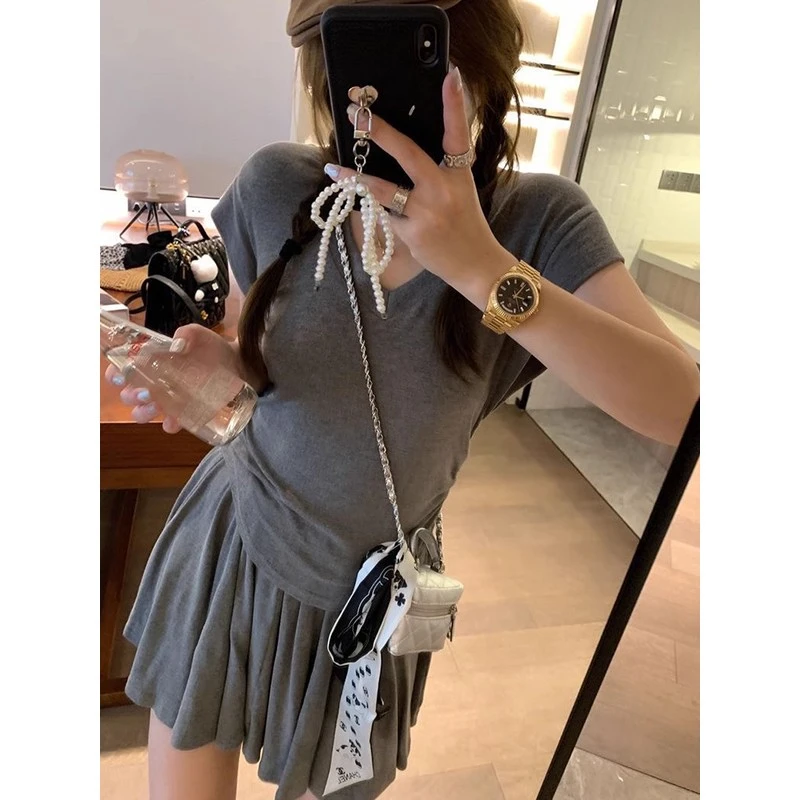 2025夏季新款纯欲风慵懒风针织T恤+辣妹百褶裙a字短裙两件套套装