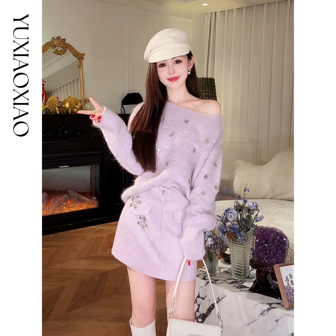 余潇潇【紫夜心语】苏力羊驼毛混纺亮片装饰多穿法一字领宽松毛衣