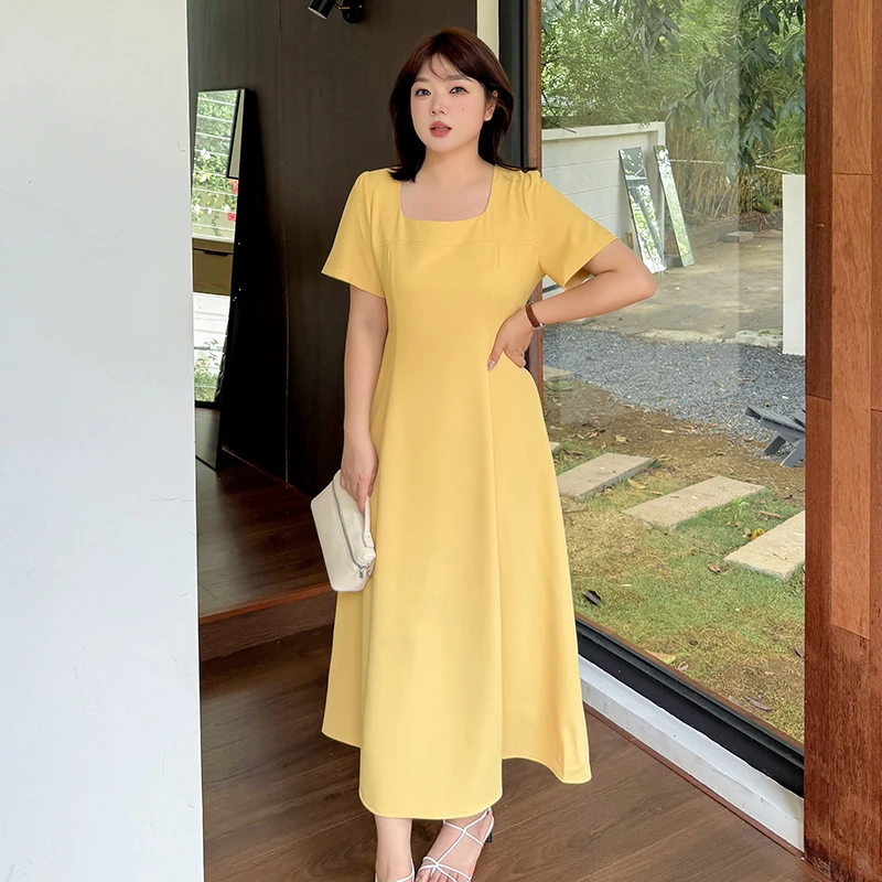 大码胖mm法式气质方领收腰连衣裙