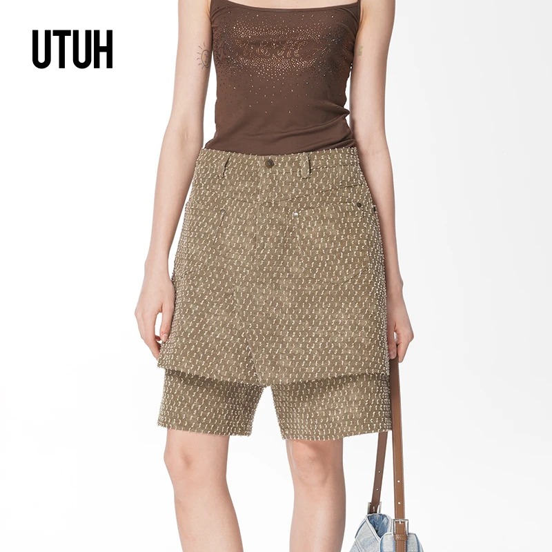 UTUH 牛仔假两件做旧慵懒感宽松直筒中裤女款时尚百搭TLWWS1D078