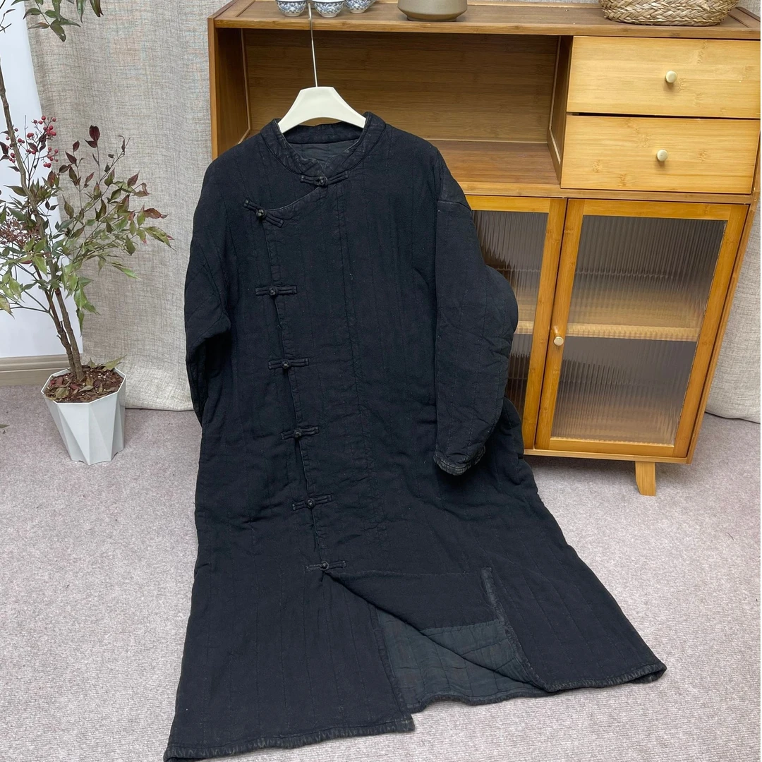 斜襟炒色亚麻七粒盘扣长款棉服长袍（衣长116 胸围122）新中式