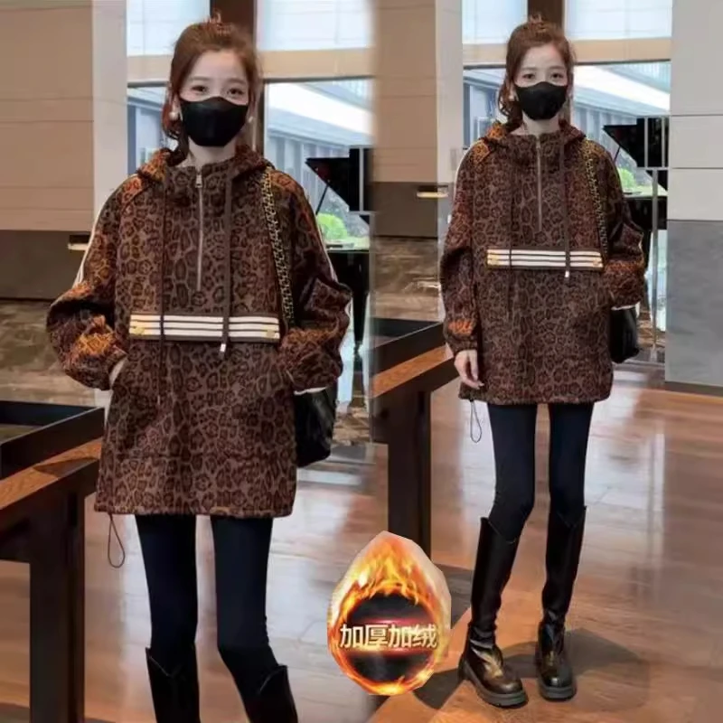 时尚套装女2025秋冬新款时髦洋气加绒连帽豹纹卫衣打底裤两件套潮