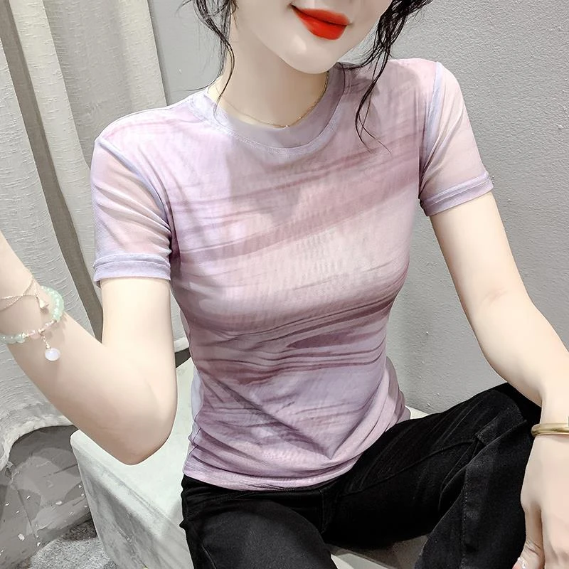 时尚弹力网纱短袖T恤女夏季印花修身显瘦减龄百搭半袖小衫上衣潮