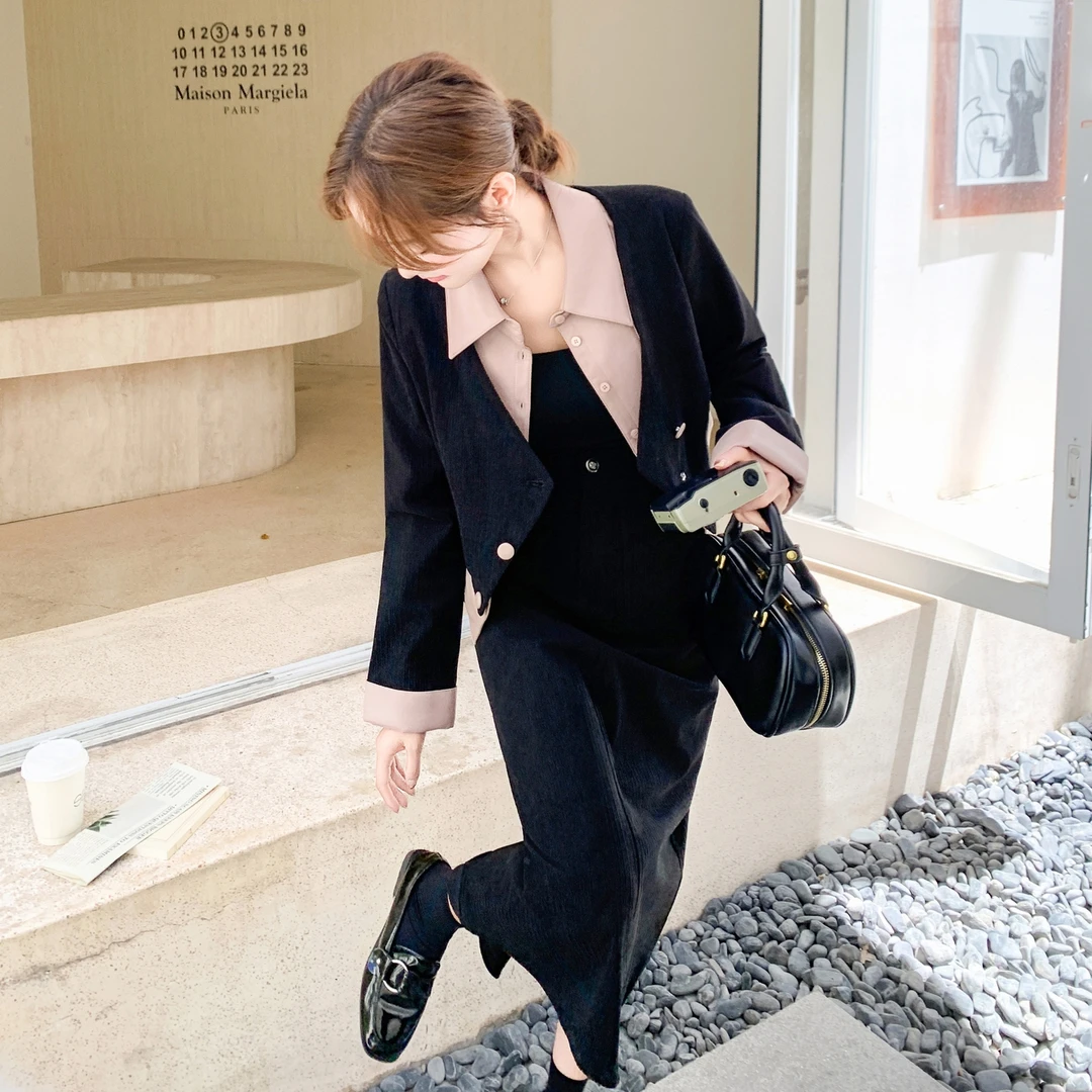 假两件显瘦拼接西装黑色半身裙套装女春秋轻熟风大方得体两件套